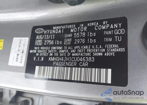 2012 Hyundai Equus Signature z USA, uszkodzony, nr VIN KMHGH4JH1CU046383